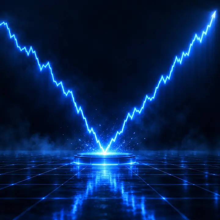 A glowing chart line drops and is caught at the bottom, then climbs higher